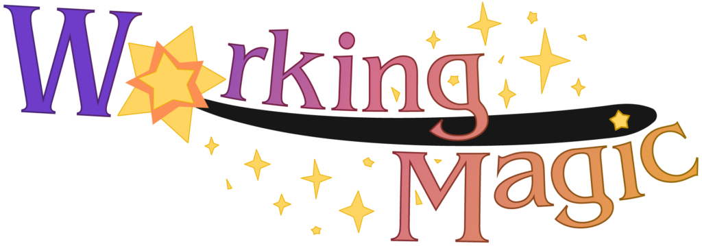 Logo for Working Magic, featuring a star-tipped wand and text with a purple to orange gradient