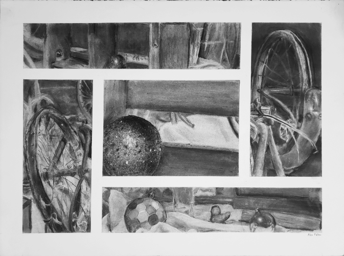 A still life scene drawn in charcoal. The canvas is divided into five sections, each focusing on a different part of the scene. Objects include bicycle wheels, Christmas ornaments, and books.