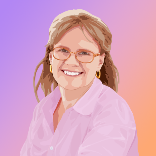 A block shaded illustration of Tracy Lunquist on a light purple to orange gradient background