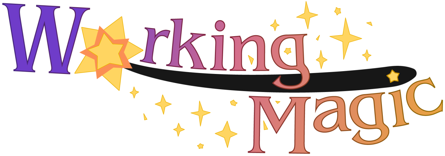Logo for Working Magic, featuring a star-tipped wand and text with a purple to orange gradient
